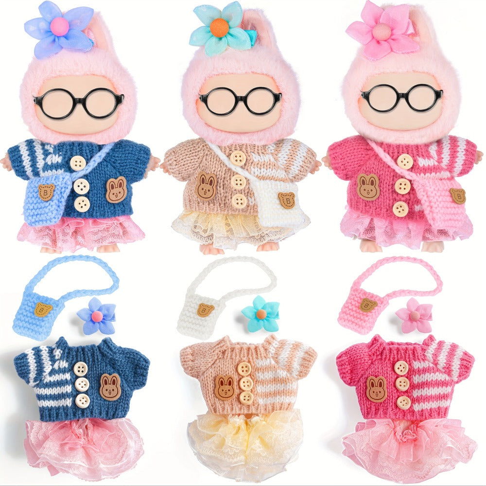 Labubu Doll Clothes 3 Sets Knit Tops Bubble Tulle Skirts Floral Hair Clips Bags for 17cm Plush Dolls Fashion Outfit Gift for Girls Kids Ages 3+ Birthday Christmas