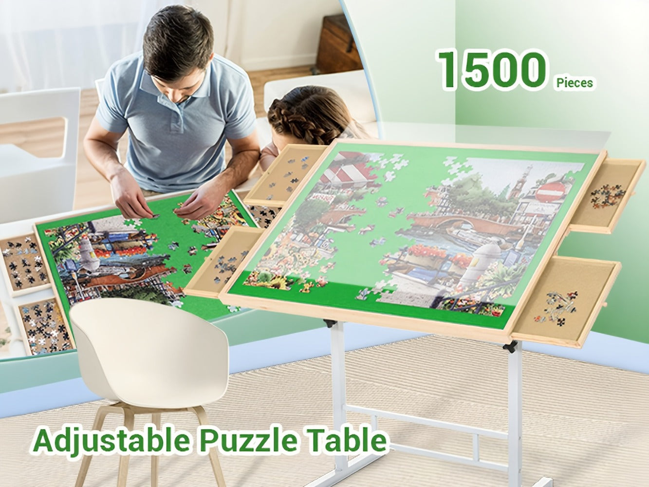 Jigsaw Puzzle Table with 4 Drawers 1500 Pieces – Adjustable Angle & Height 35"x26" Tilting Wood Board with Metal Legs, Ergonomic Puzzle Workstation for Adults Seniors Neck Back Pain Relief, Christmas Gift