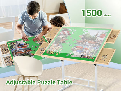 Jigsaw Puzzle Table with 4 Drawers 1500 Pieces – Adjustable Angle & Height 35"x26" Tilting Wood Board with Metal Legs, Ergonomic Puzzle Workstation for Adults Seniors Neck Back Pain Relief, Christmas Gift