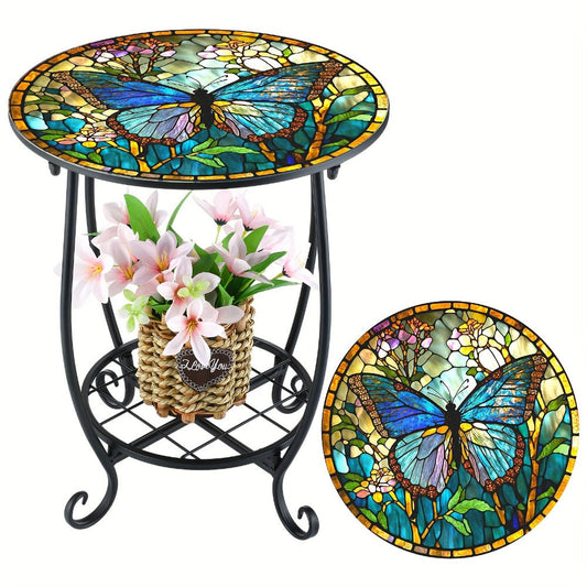 Outdoor Side Table, Mosaic Side Table 14in Round Outdoor Patio Accent Table - Metal Frame shown in the main product view