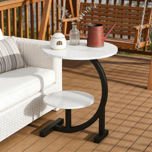 Outdoor Side Table, 14 Inch Round Metal Wood Arc Side Table with Double Layer Storage shown in the main product view