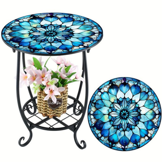Outdoor Side Table, Mandala Mosaic 14 Inch Round Metal Patio Accent Table - Vintage Boho shown in the main product view