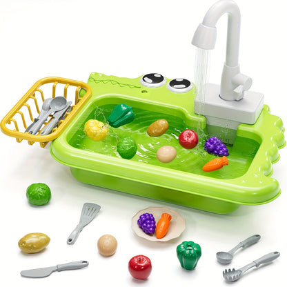 Kids Play Sink Toy with Running Water – Automatic Water Cycle System Pretend Play Dishwasher Kitchen Sink for Toddlers Boys & Girls, Role Play Kitchen Accessory Birthday Gift