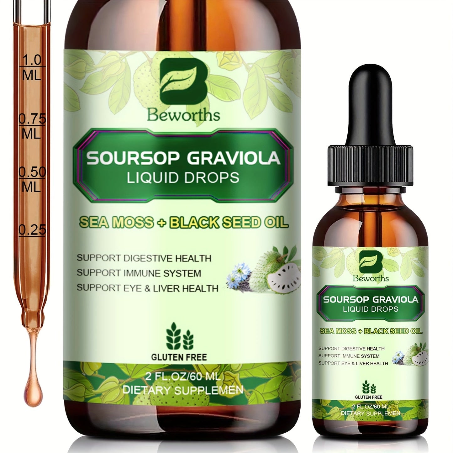 [8-IN-1 Soursop Drops] 1/3 Bottles 8-IN-1 Soursop Liquid Drops, Graviola Leaf & Fruit Complex Supplement With Sea Moss,Black Seed Oil,Elderberry,Burdock Root,Tumeric, Gluten-Free,Serene Herbs Soursop Bitters,Serene Soursop For Daily Health & Wellness