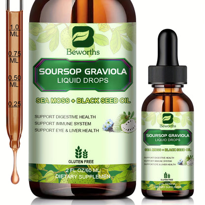 [8-IN-1 Soursop Drops] 1/3 Bottles 8-IN-1 Soursop Liquid Drops, Graviola Leaf & Fruit Complex Supplement With Sea Moss,Black Seed Oil,Elderberry,Burdock Root,Tumeric, Gluten-Free,Serene Herbs Soursop Bitters,Serene Soursop For Daily Health & Wellness