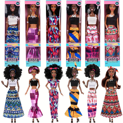 African American Fashion Doll Set 6 Pack 11.5 Inch Bohemian Curly Hair Dolls Removable Boho Outfits Headscarves Silver Necklaces Diverse Gift for Girls Kids Party Favors Birthday Christmas