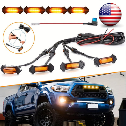 4pcs Grille Decorative LED Lights for Toyota, Front Grille Decorative LED Lights, Universal 12V Black Shell Yellow Light - Suitable for Modifying Pickup Trucks And Off-Road Vehicles, Without Battery
