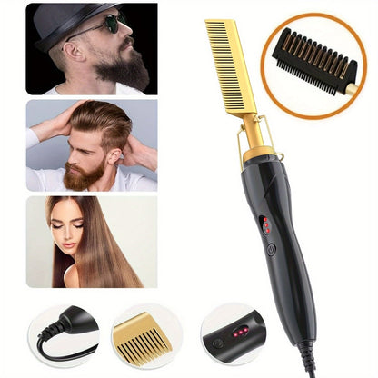 Hot Comb Hair Straightener 2-in-1 Ceramic Heated Brush — Anti-Burn Electric Pressing Comb for Natural Hair & Beard, Portable Curling Iron for Home & Travel, Gold