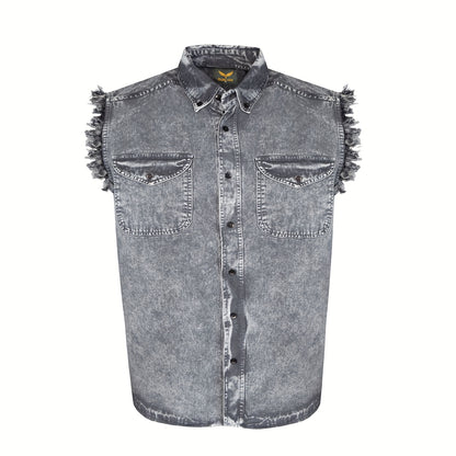 Men's Sleeveless Shirt – Fringe Hem Crew Neck Tank Top, Stonewash Cotton, Regular Fit for Streetwear, Beach & Vacation, Sizes M–XXXXL