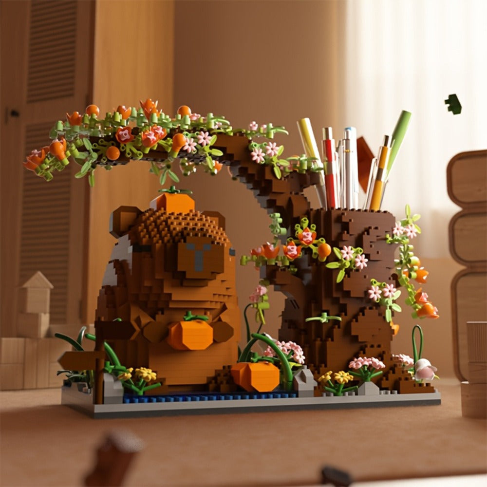 Capybara Building Block Pen Holder 1880pcs – Micro Brick Desk Organizer Pencil Cup Functional Cute Animal Desktop Decoration STEM Gift for Kids Teens Adults Office Home Birthday Christmas