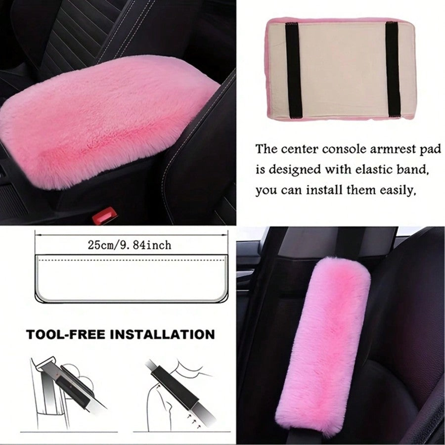 8pcs Set Combination Pink Goddess Plush Car Steering Wheel Cover Rex Rabbit Fur Fluffy Steering Wheel Cover, Purple Car Accesaories