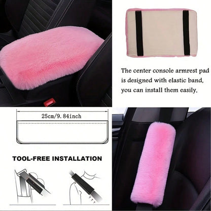 8pcs Set Combination Pink Goddess Plush Car Steering Wheel Cover Rex Rabbit Fur Fluffy Steering Wheel Cover, Purple Car Accesaories