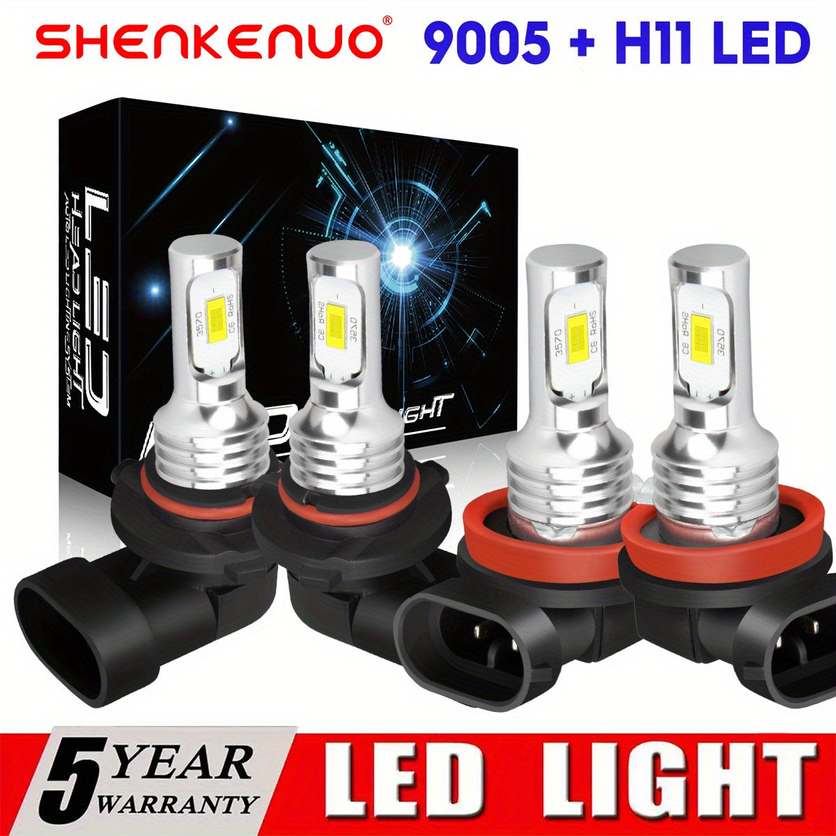 4pcs 9005+H11 36000LM 6000K Bright White LED Headlight Bulb High Low Beam Plug And Play, Without Battery