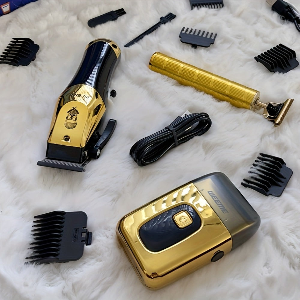 T-Blade Hair Clipper Set for Men - Golden Series USB Rechargeable Trimmer Kit with Guide Combs & Cleaning Brush, 1pc 2pcs 3pcs Options, Edge-Up Fade Beard Grooming, Gift for Men