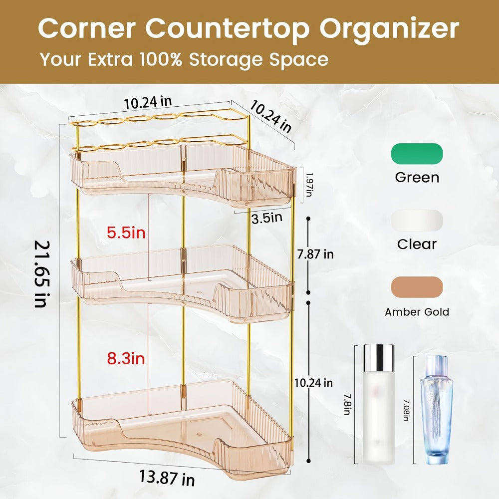 Bathroom Corner Shelf Organizer 2-in-1 Tiered Makeup Skincare Storage with Brush Holder No-Tool Install Space-Saving Countertop Vanity Dresser Kitchen Organizer Women