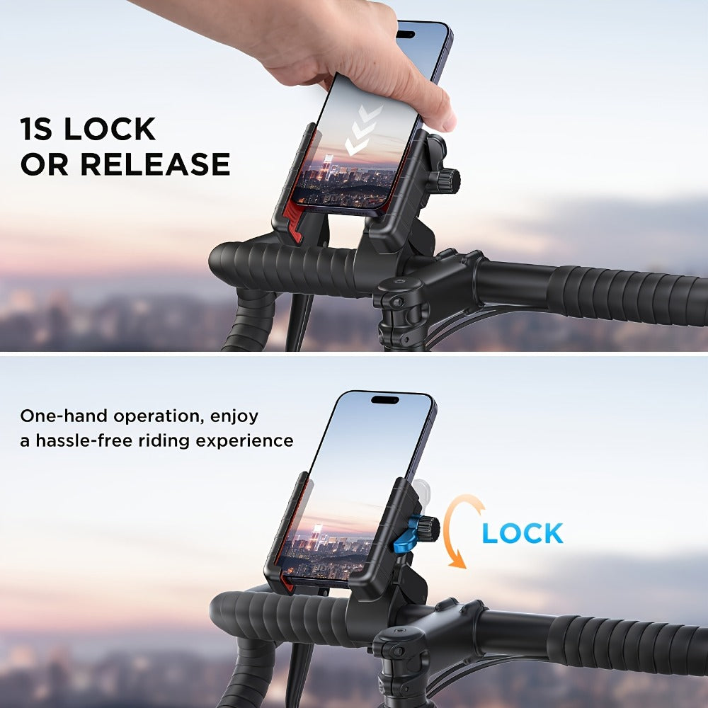 Motorcycle Phone Mount Handlebar Quick Lock – Universal Bike Phone Holder for 4"-7" Phones, No-Block Camera Design, Non-Slip Secure Clamp for iPhone, Samsung & All Smartphones, Black/Red