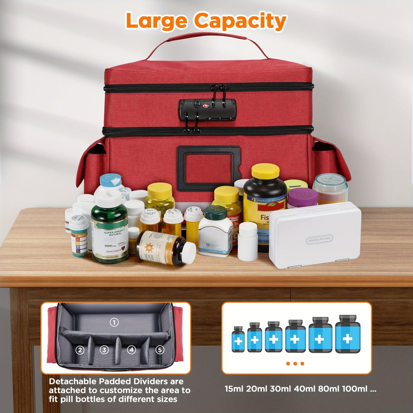 Lockable Medicine Organizer Bag with Combination Lock, Double-Layer Large Capacity Pill Bottle Storage Case for Prescription Bottles First Aid Supplies Home Travel, Portable Medication Carry Bag Red Grey Black