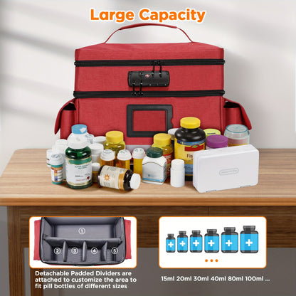 Lockable Medicine Organizer Bag with Combination Lock, Double-Layer Large Capacity Pill Bottle Storage Case for Prescription Bottles First Aid Supplies Home Travel, Portable Medication Carry Bag Red Grey Black