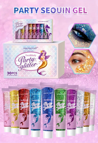 Holographic Glitter Gel Set 10 Colors Cosmetic Grade Face Body Makeup - Festival Rave Cosplay Anime Halloween Party Shimmer Skin Safe Easy Apply Remove