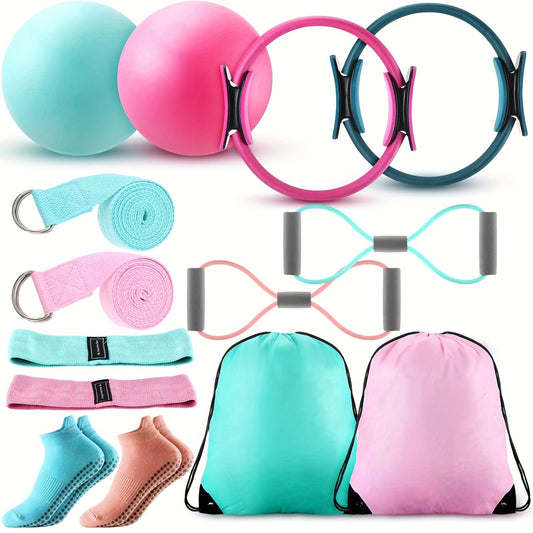 Pilates Ball & Ring Set 14-Piece for Women – Magic Circle, Mini Ball, 8 Resistance Bands, Stretching Strap, Non-Slip Socks & Gym Bag, Complete Home Workout Kit, Pink Green Blue
