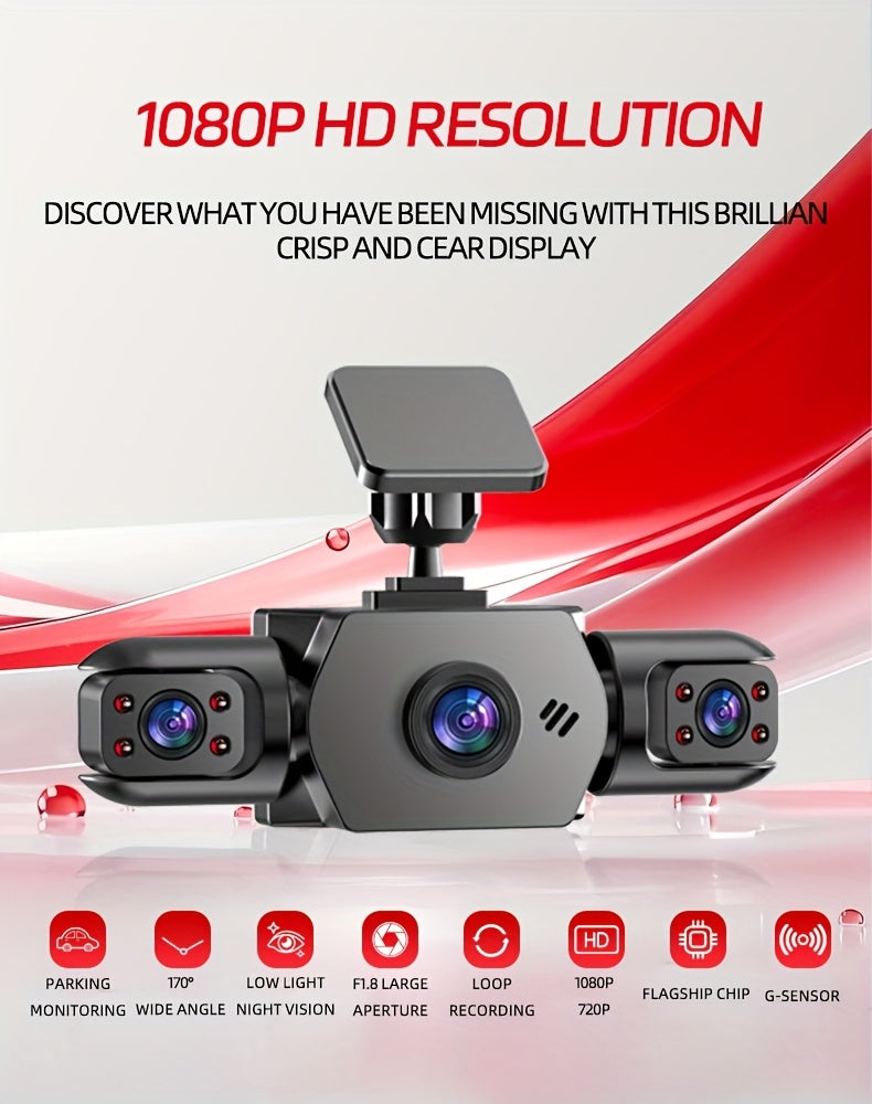 AXH 360° Panoramic 3/4-Lens Quad Dash Cam with Dual Front and Rear 1080P Cameras, Suitable for Cars, 4-Channel (Front/Rear/Left/Right), with 3.16-inch IPS Display, Night Vision, Loop Recording, 24-Hour Parking Monitoring, G-Sensor/Motion Detection