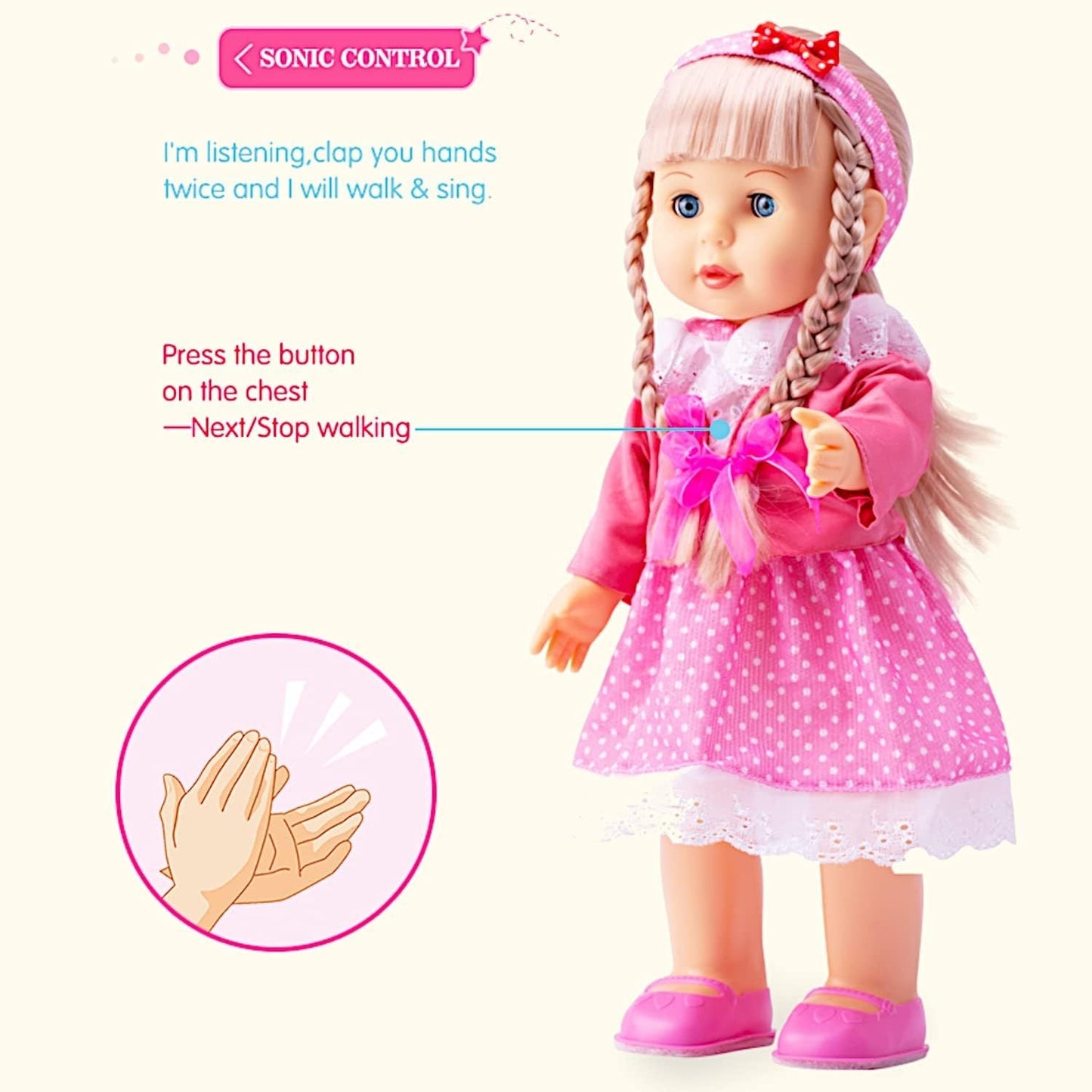 Walking Talking Doll Sonic Control 12 Inch Blonde Princess – Clap Activated Sings Walks Talks, Blinking Blue Eyes, Interactive Electronic Baby Doll, Birthday Christmas Gift for Girls Ages 3-7