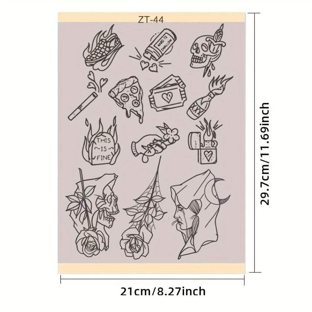 Tattoo Transfer Paper 3 Sheets – Pre-Drawn Stencils with Floral, Paisley, Spiderweb, Snake & Pizza Designs – A4 Size Body Art Stencil Kit for Beginners & Pros, No Electricity Needed