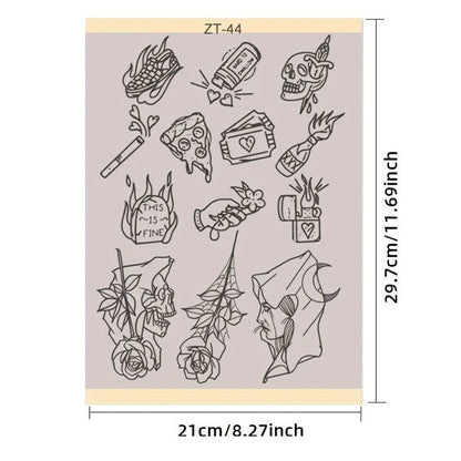 Tattoo Transfer Paper 3 Sheets – Pre-Drawn Stencils with Floral, Paisley, Spiderweb, Snake & Pizza Designs – A4 Size Body Art Stencil Kit for Beginners & Pros, No Electricity Needed