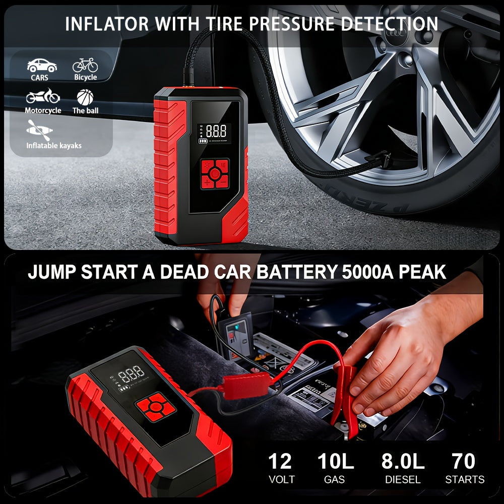 15000A Peak 250PSI, Portable Emergency Starter, Car Charger, USB Type-C, LED Emergency Lighting, 2.11 Gallons Gasoline/1.85 Gallons Diesel Fast Charging - Rechargeable Lithium Polymer Battery. Suitable As A Holiday Gift for Christmas And Halloween.
