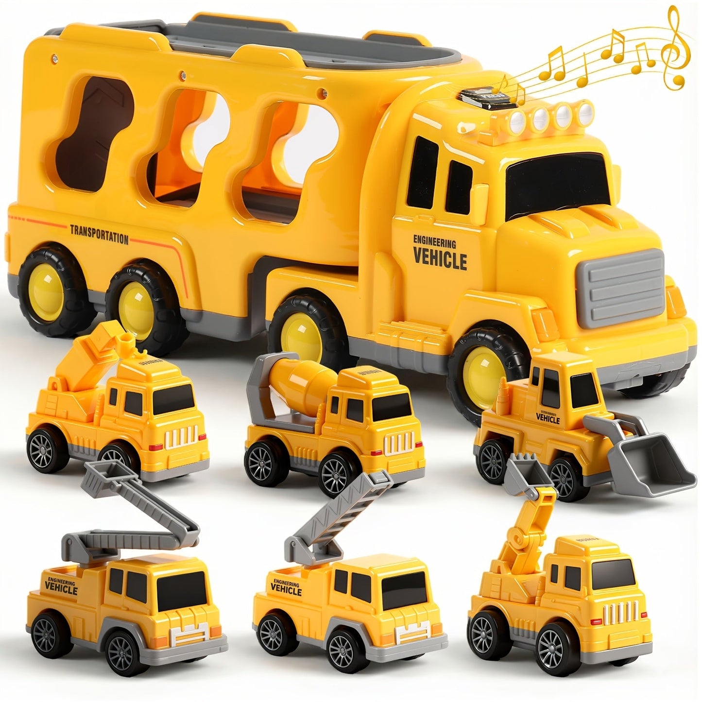 7-in-1 Kids Car Toy Set 7pcs with Playmat – Large Vehicle + 6 Mini Cars Ambulance Police Fire Truck Engineering – Birthday Halloween Christmas Gift for Boys Girls