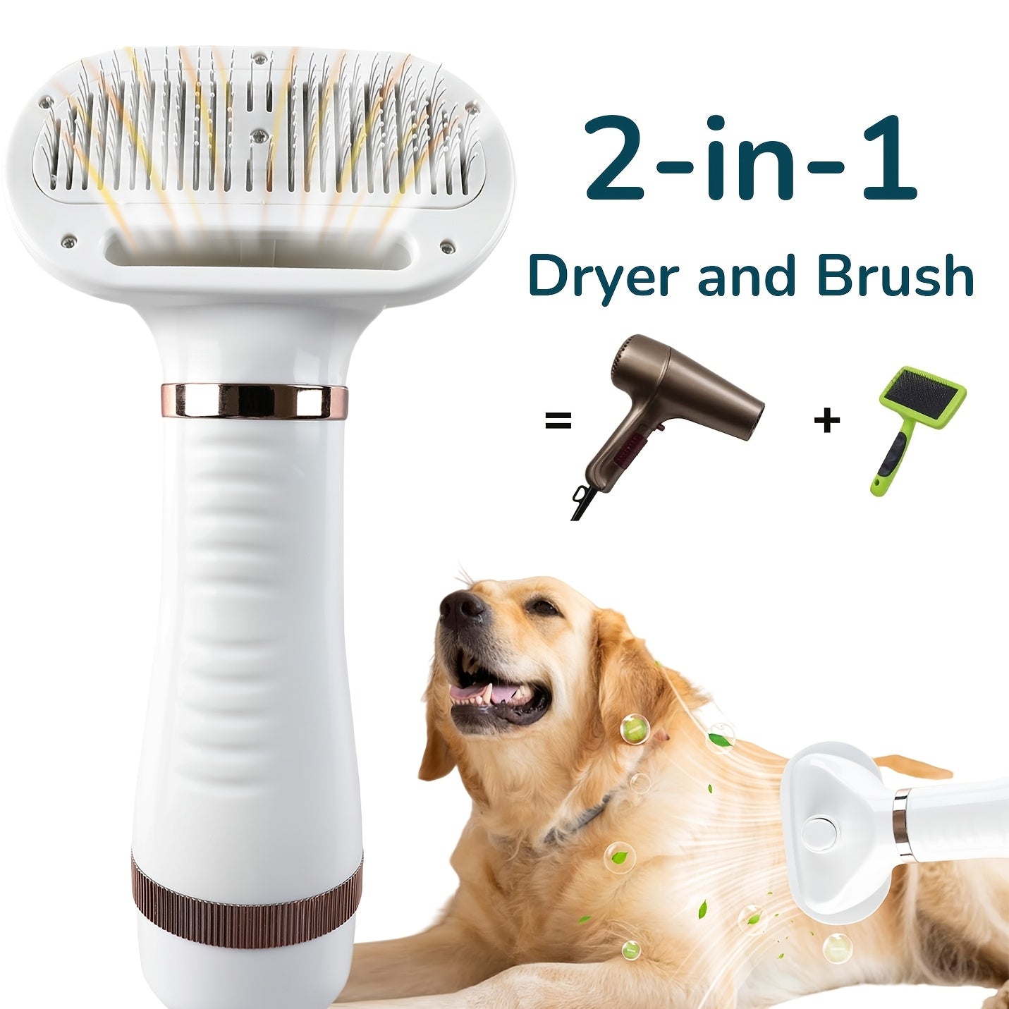 Pet Hair Dryer 2-in-1 with Self-Cleaning Slicker Brush – Portable Dog Blow Dryer for Dogs & Cats, 3 Temperature Settings, Low Noise, Fast Drying Grooming Tool for Home Use