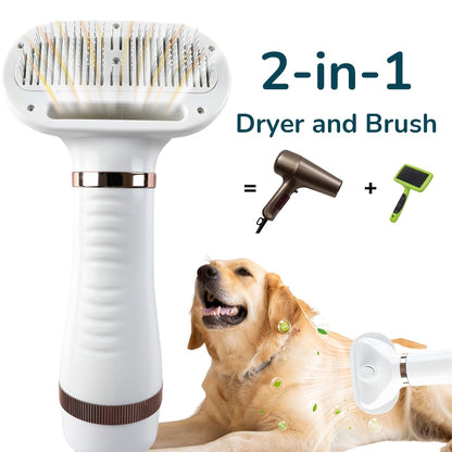 Pet Hair Dryer 2-in-1 with Self-Cleaning Slicker Brush – Portable Dog Blow Dryer for Dogs & Cats, 3 Temperature Settings, Low Noise, Fast Drying Grooming Tool for Home Use