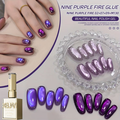 Cat Eye Gel Nail Polish Set 4pcs Purple Iridescent Glass Bead — Nine Purple Fire Aurora Shimmer UV LED Soak-Off Gel Polish for Women, Salon & Home DIY Nail Art Manicure Kit