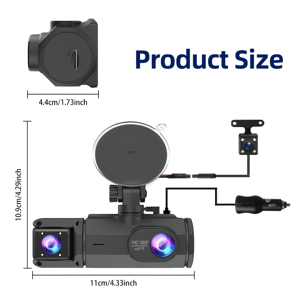 1080P Dash Cam with 2/3 Cameras Front And Built-In And Rear (Optional) Infrared Night Vision 170° Wide-Angle Lens Built-In Audio 32GB Memory Card (Optional) Wifi Connection to Smartphone (Optional) Loop Recording G-Sensor 24H Parking Monitor