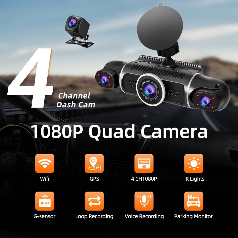 Dash Cameras for Vehicles Wifi with GPS Night Vision Car Black Box 4 Cameras with 1080P Resolution 170° Ultra-Wide Angle Super Clear Night Vision with 8IR Light Parking Monitoring Loop Recording And G-Sensor Dash Cameras for Truck