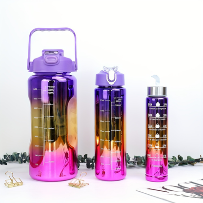 Electroplated Sports Water Bottle Set 3-Pack 64oz 27oz 15oz | Leak-Proof Gradient Bottles with Straw & Time Marker for Gym Office School & Workout