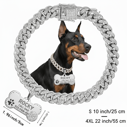 Custom Dog Collar Cuban Chain with Engravable Pet ID Tag – Personalized Name & Phone Number Plate for Small Medium Large Dogs & Cats, Sizes S to 4XL, Golden Silver Rose Gold Gift