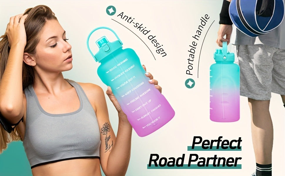 128oz 1 Gallon Water Bottle with Straw 2-in-1 Lid Tritan BPA-Free Motivational Time Marker Large Capacity Gym Sports Fitness Camping Outdoor Water Jug
