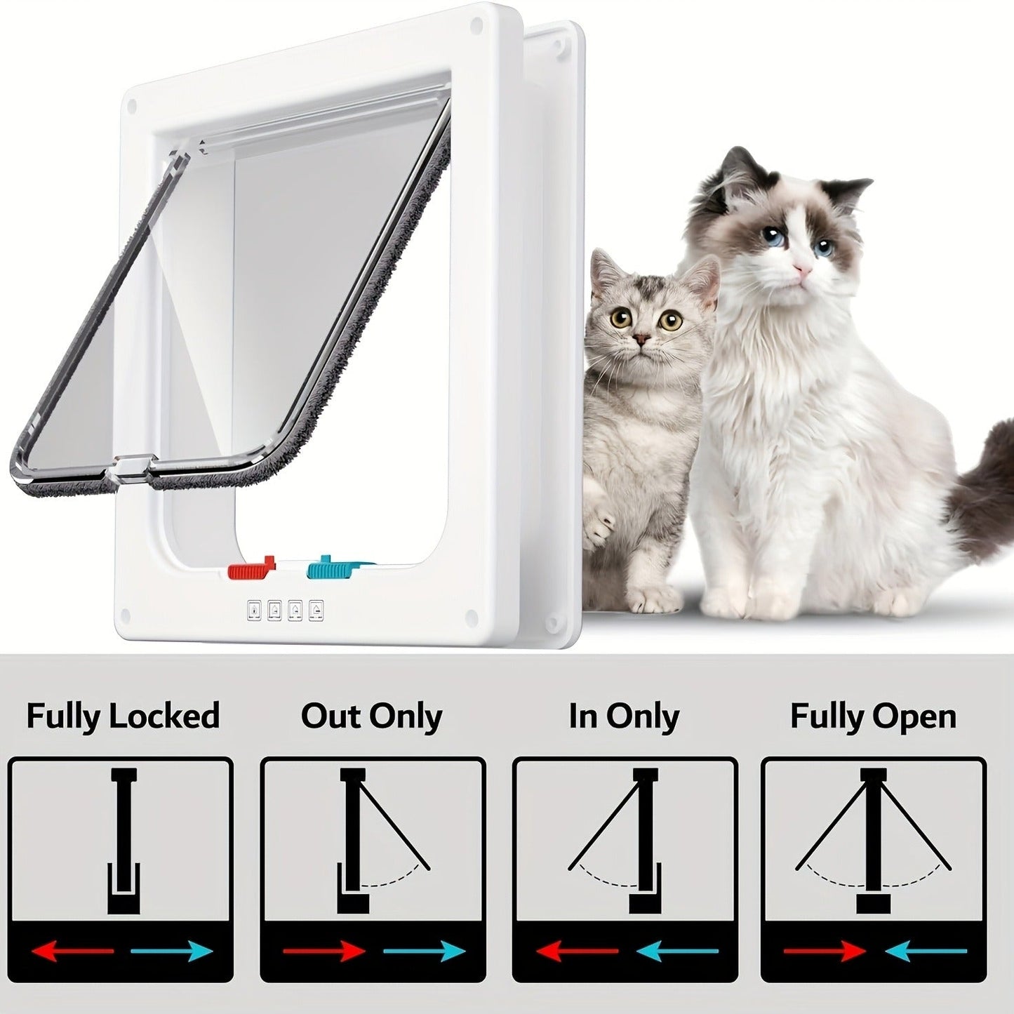 Cat Door & Dog Door with 4-Way Safety Lock – Weatherproof Flip Pet Door for Cats & Dogs, M/L/XL Sizes in White, Black & Coffee, Bonus Rainbow Ball Toy Included