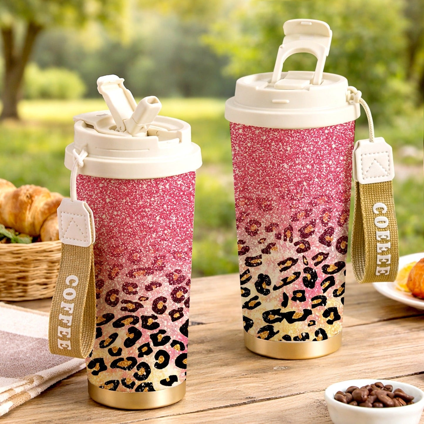Insulated Stainless Steel Tumbler 18oz - Pink Glitter & Golden Leopard Print, Leak-Proof Foldable Straw Lid, Keep Hot 12H Cold 24H, Trendy Travel Coffee Cup Gift for Women