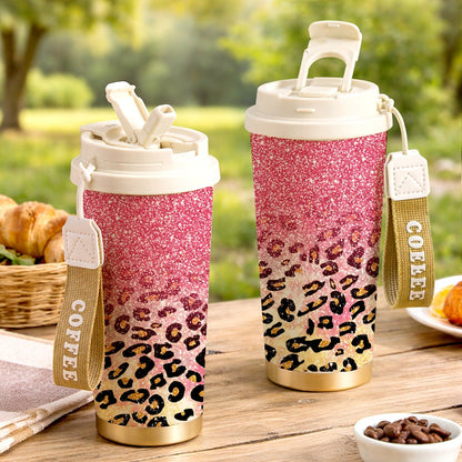 Insulated Stainless Steel Tumbler 18oz - Pink Glitter & Golden Leopard Print, Leak-Proof Foldable Straw Lid, Keep Hot 12H Cold 24H, Trendy Travel Coffee Cup Gift for Women