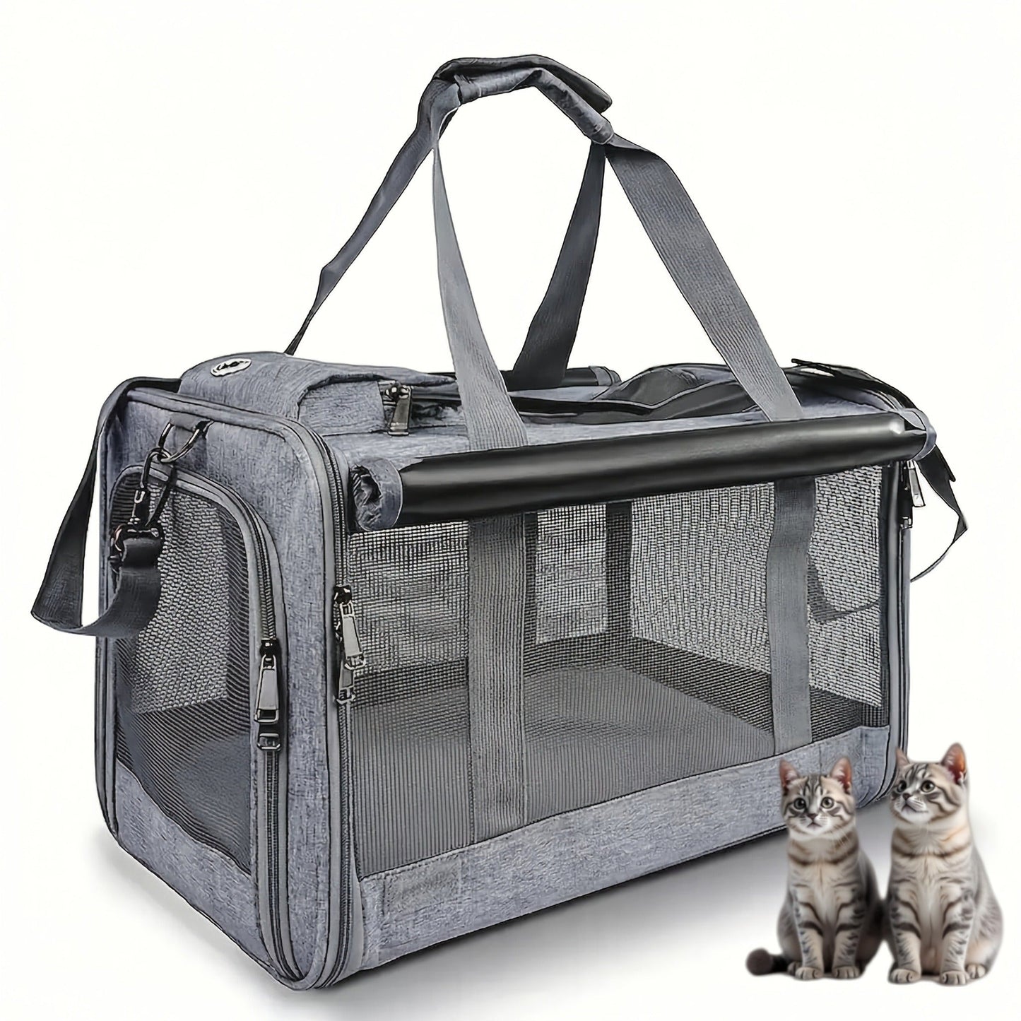 Airline Approved Pet Carrier Soft Sided Collapsible for Cats & Small Dogs - Breathable Oxford Cloth Travel Bag with Zipper Closure, Privacy Cover & Combo Set with Collar Leash Harness, Blue Pink Grey Green Beige