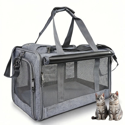 Airline Approved Pet Carrier Soft Sided Collapsible for Cats & Small Dogs - Breathable Oxford Cloth Travel Bag with Zipper Closure, Privacy Cover & Combo Set with Collar Leash Harness, Blue Pink Grey Green Beige