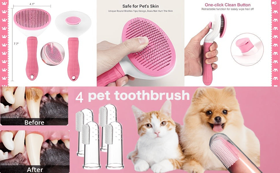 Cat & Dog Grooming Set 9-in-1 & 11-in-1 – Self-Cleaning Slicker Brush, Nail Clippers & File, Flea Comb, Shampoo Brush, Finger Toothbrush & Storage Bag, No Battery, Pink or Blue