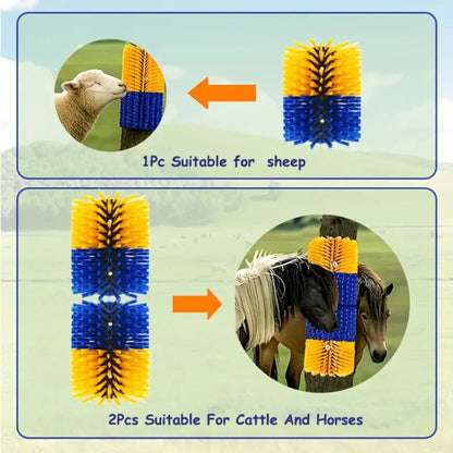 Livestock Grooming Brush Scratcher 8.7" – All-in-One Massage & Itch Relief Tool for Horse, Cow, Goat & Pig | Easy Install with 4 Screws, Battery-Free Stress Reduction, Red/Blue & Yellow/Blue