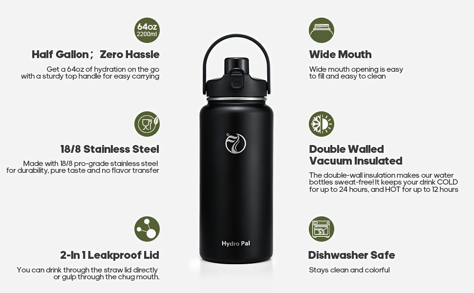 40oz Vacuum Insulated Water Bottle Stainless Steel Water Jug with 2-in-1 Lid Chug Lid Straw Lid Double Wall Hot Cold 12 Hours Leakproof for Gym Camping Travel