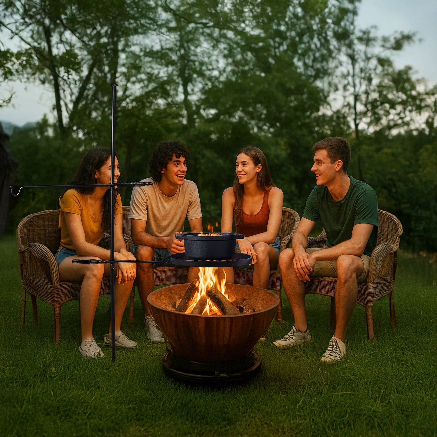 Campfire Grill Grate with Hanging Pole – Height Adjustable, 360° Rotation, 48" Thick Steel Pole, Swivel Grate Ring for Kettle, Dutch Oven & Pan – Portable Open Fire Cooking Grill for Camping & Outdoor