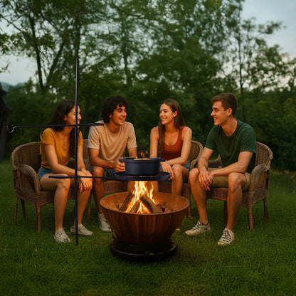 Campfire Grill Grate with Hanging Pole – Height Adjustable, 360° Rotation, 48" Thick Steel Pole, Swivel Grate Ring for Kettle, Dutch Oven & Pan – Portable Open Fire Cooking Grill for Camping & Outdoor