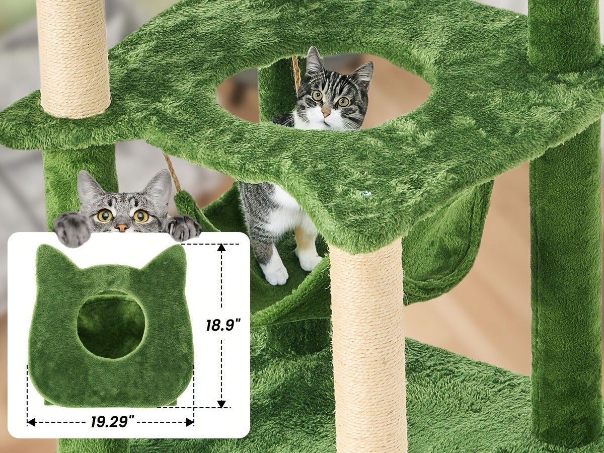 Cat Tree 55" Large Multi-Level Cat Tower for Indoor Cats with Green Leaves, Hammock, Sisal Scratching Posts & Hanging Ball Toy – Cat Furniture for Living Room