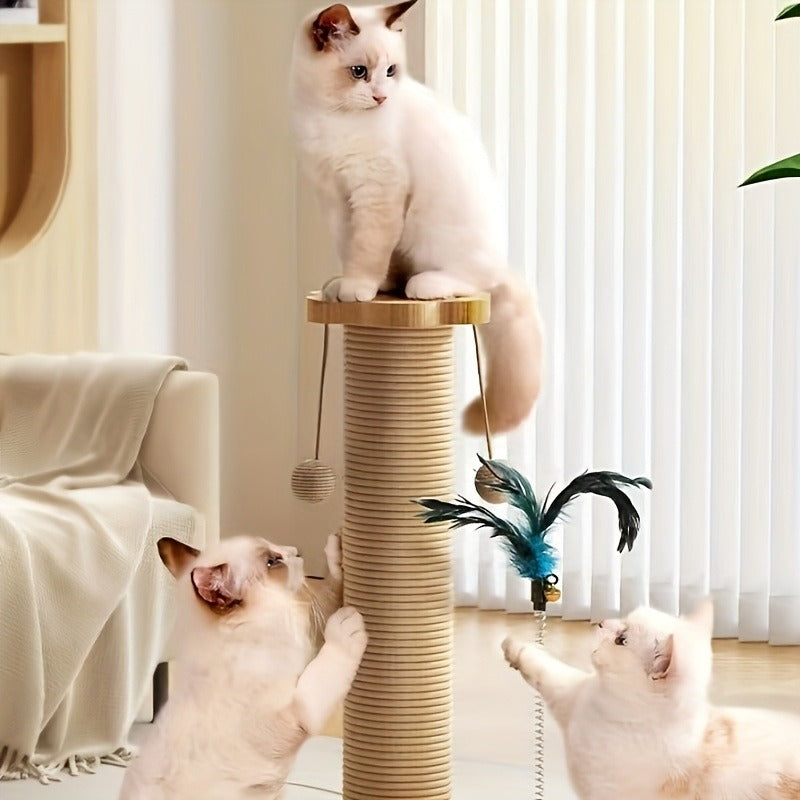 Cat Scratching Post Sisal Vertical Scratcher – Solid Wood Base, Wear-Resistant Rope, Multiple Styles: Standard, Mushroom & Dolphin Shapes, Sizes S/M/L, Cat Climbing Frame with Teaser Wand